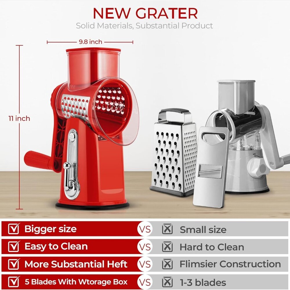 Rotary Cheese Grater w/Handle &5 Blades, Round Slicer & Vegetable Grater Red - Picture 2 of 8